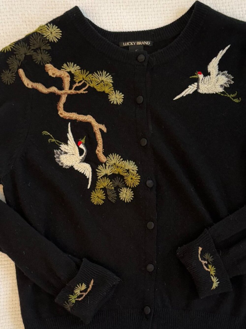 Vintage Retro Lucky Brand Angora Blend Cardigan with Crane and Bonsai Embroidery - Picture 2 of 7